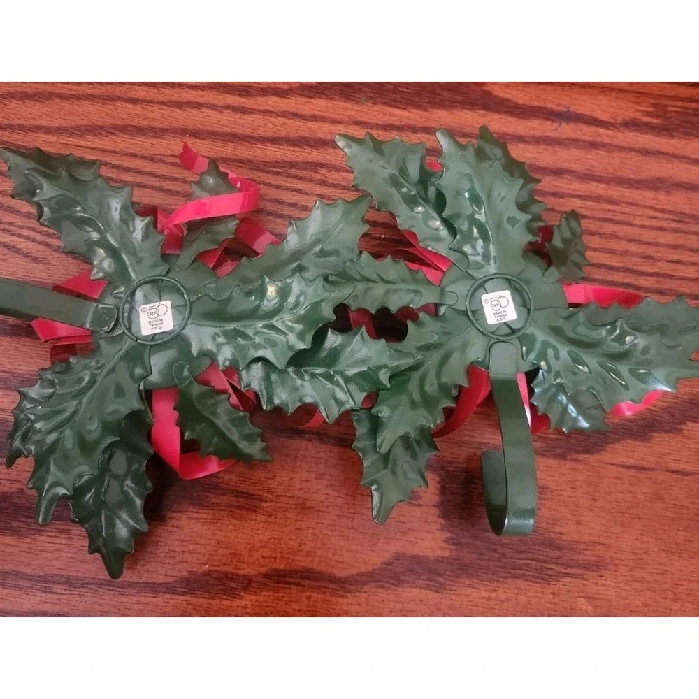 Set of 2 Vintage Dept 56 Holly Ribbon‎ Candle Holders Christmas Red Green